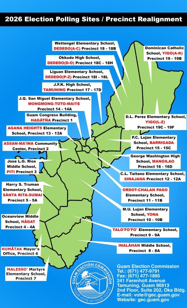 Official Guam Election Commission 2026 polling sites and precinct realignment map, covering all 19 precincts island-wide