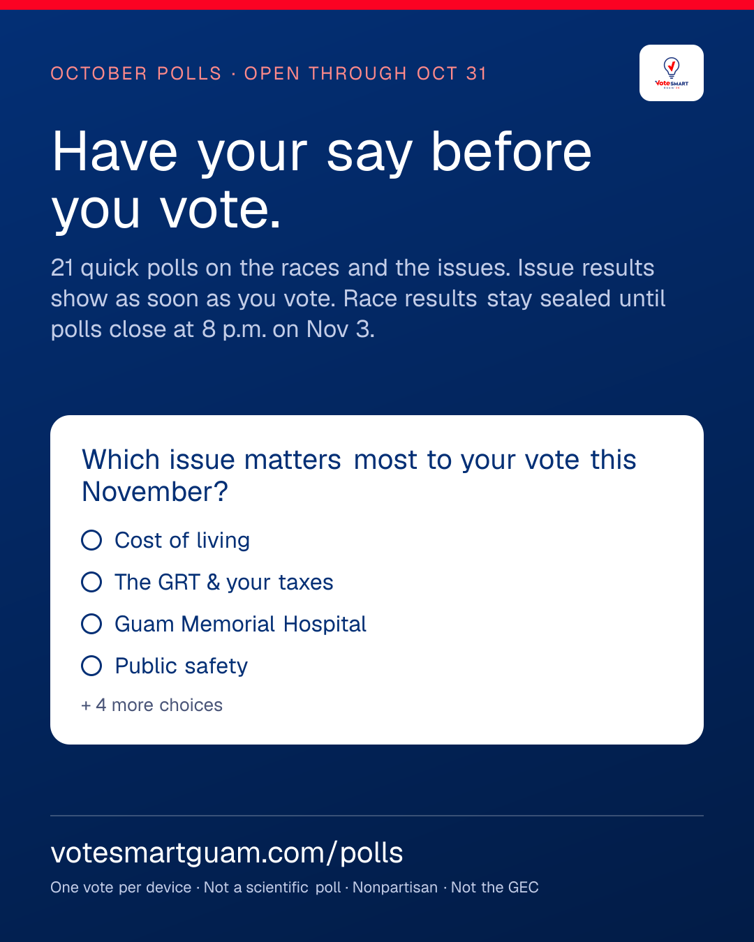 Have your say before you vote. 21 quick polls, open through Oct 31.